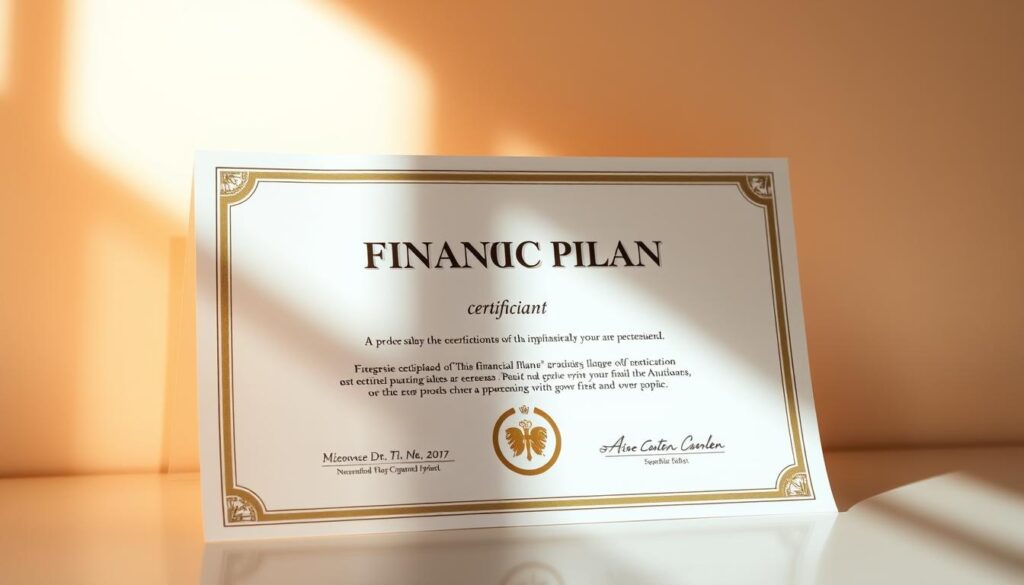 A detailed image of a financial planner's certification, depicted with a clean, professional aesthetic. The certificate is prominently displayed in the center, with a subtle gradient background that evokes a sense of refinement and authority. The document is illuminated by warm, directional lighting, casting subtle shadows and highlights that accentuate the textures and details. The composition is balanced, with the certificate occupying the majority of the frame, surrounded by a minimal, uncluttered environment that allows the subject to be the primary focus. The overall mood is one of expertise, credibility, and the importance of professional financial planning credentials.