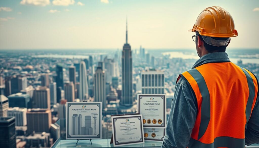 A detailed image showcasing the necessary qualifications for overseas construction projects. In the foreground, a person in a hard hat and safety vest stands before a blueprint of a skyscraper, conveying technical expertise. In the middle ground, certificates and diplomas related to engineering, project management, and international experience are prominently displayed. The background features a panoramic view of a bustling metropolitan skyline, hinting at the global scale of such endeavors. The lighting is crisp and professional, captured by a wide-angle lens to capture the full scope of the scene. An atmosphere of competence, globalization, and the prestige of cross-border construction projects is evoked.