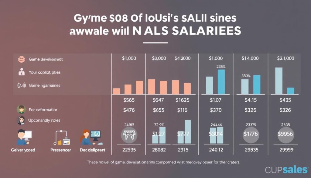 A detailed infographic comparing the average annual salaries across various roles in the gaming industry, presented in a clean, data-driven style. The foreground depicts a series of stylized icons representing different game development positions, arranged in a grid layout. The middle ground showcases a series of bar charts and numerical values highlighting the salary ranges for each role, using a muted color palette to maintain focus. The background features a subtle geometric pattern or abstract design elements, creating a professional, informative atmosphere. Realistic lighting and a slightly elevated camera angle convey a sense of authority and credibility.