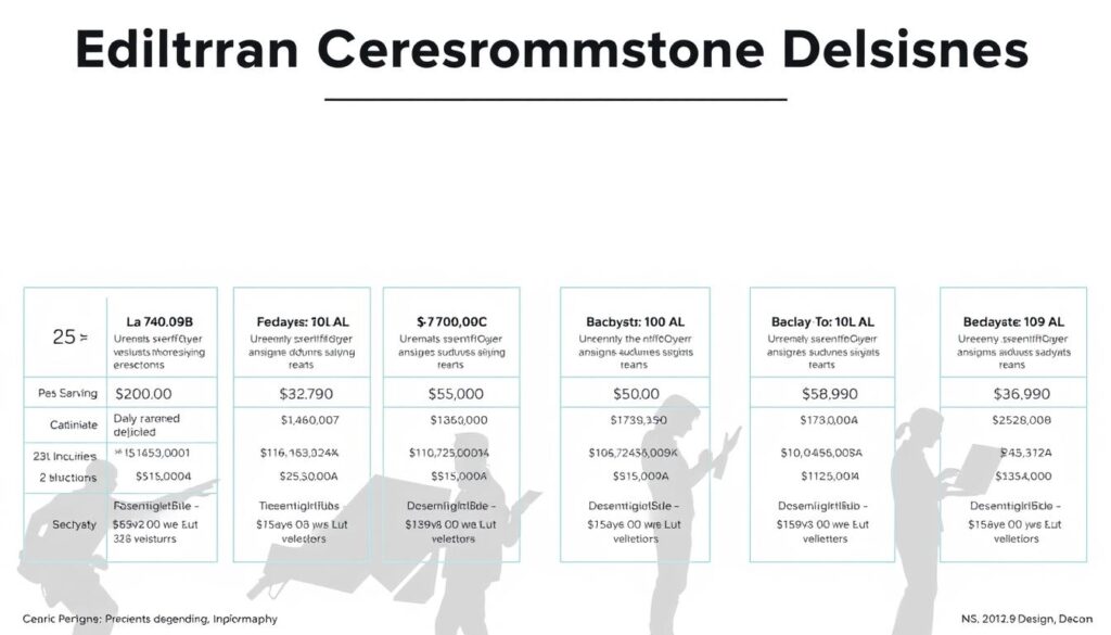 A detailed infographic comparing the compensation structures for editorial designers, showcasing a clean, minimalist layout. In the foreground, a series of rectangular panels depict the various salary ranges, benefits, and incentives, with clear data visualizations and icons. The middle ground features silhouettes of editorial designers at work, their expressions conveying professionalism and focus. The background is a subtle gradient, lending a sophisticated, corporate aesthetic. Bright, even lighting illuminates the scene, captured with a wide-angle lens to provide a comprehensive view. The overall mood is informative, data-driven, and visually appealing, tailored to educate readers on the earning potential within the editorial design field.