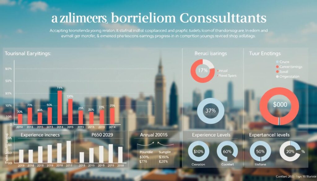 A detailed infographic depicting the comparative annual earnings of tourism consultants. The foreground showcases a series of bar graphs and pie charts, meticulously rendered in a clean, data-driven style, highlighting the varying income levels across different regions, experience levels, and industry specializations. The middle ground features elegant typography and subtle design elements that complement the data visualization. The background depicts a softly blurred cityscape, with landmarks and architectural details that evoke the urban settings where many tourism consultants operate. The overall composition conveys a sense of professional authority and visual clarity, befitting the informative nature of the subject matter. Lighting is natural and diffused, with a slight cool tone that lends an air of analytical precision. The camera angle is slightly elevated, providing an overview perspective that enhances the infographic's legibility and impact.