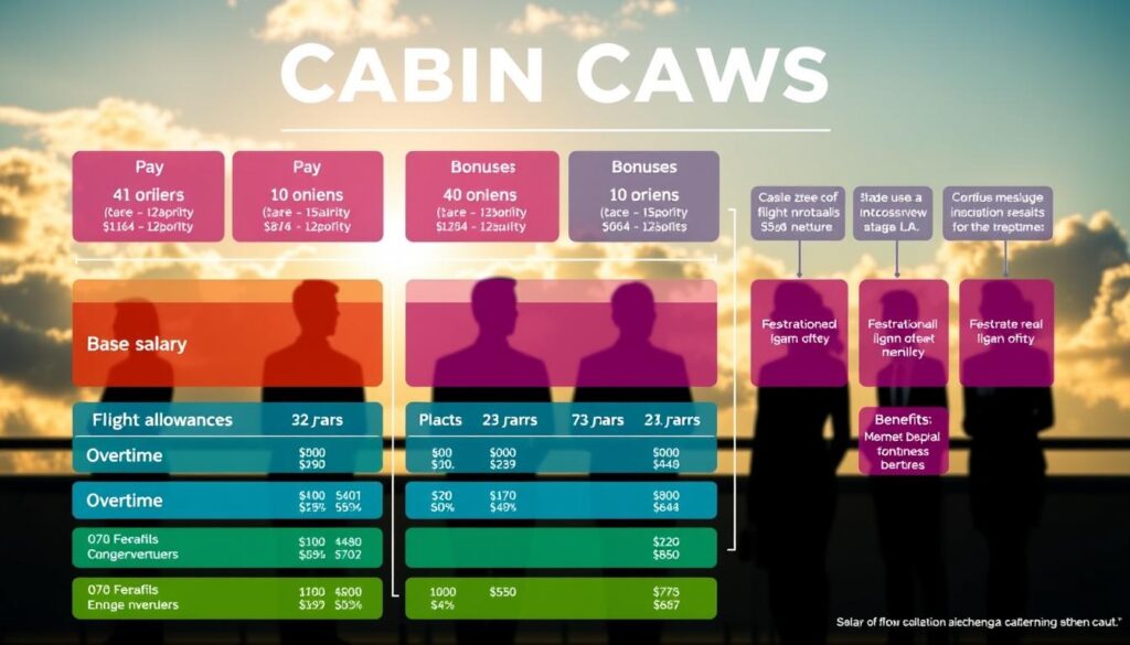 A detailed infographic depicting the salary structure and compensation package for cabin crew members. The foreground showcases a vibrant, color-coded breakdown of the different pay components, including base salary, flight allowances, overtime, bonuses, and benefits. The middle ground features silhouettes of cabin crew members in their uniforms, conveying the professional nature of the role. The background is a serene, cloud-filled sky, reflecting the aviation industry setting. The lighting is soft and diffused, creating a warm, informative atmosphere. The overall composition is balanced, with clean lines and a visually striking layout to clearly illustrate the nuances of a cabin crew's remuneration.
