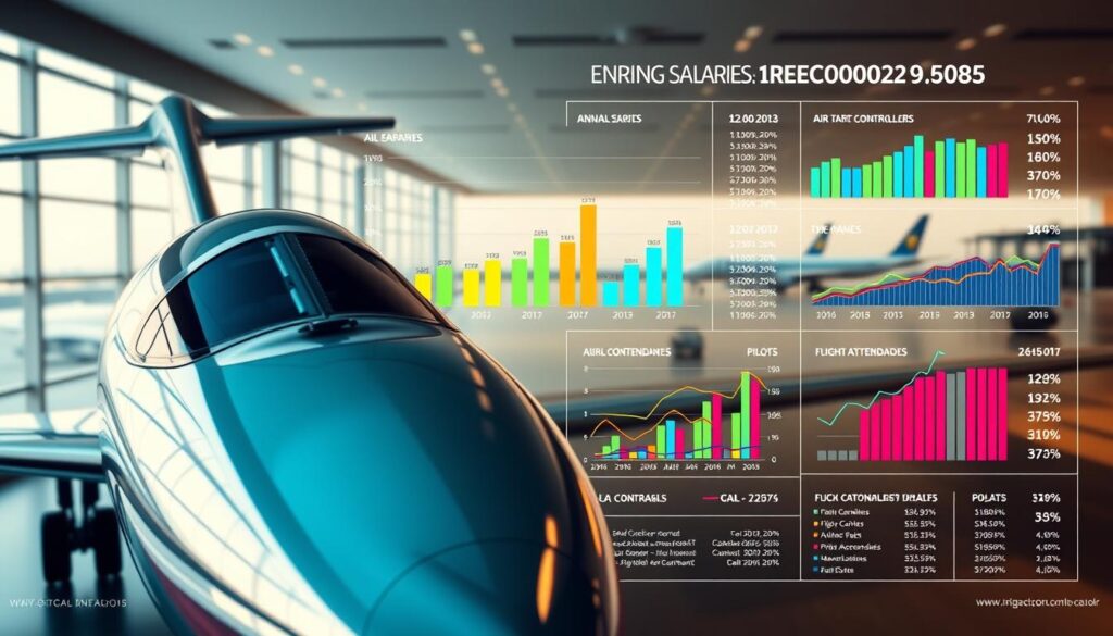 A detailed infographic showcasing the annual salaries of various roles within the aviation industry. In the foreground, a sleek jet aircraft takes center stage, its metallic fuselage reflecting the vibrant colors of the data visualizations. The middle ground features a series of bar charts and line graphs, meticulously designed to convey the comparative earnings of air traffic controllers, pilots, flight attendants, and other key aviation professionals. The background is a clean, minimalist office setting, with subtle hints of airport terminal architecture in the distance, conveying the professional and technical nature of the industry. The scene is illuminated by a warm, soft lighting, creating a sense of clarity and authority. The overall atmosphere is one of data-driven analysis and industry insights, perfectly suited to illustrate the section on air traffic controller salaries.