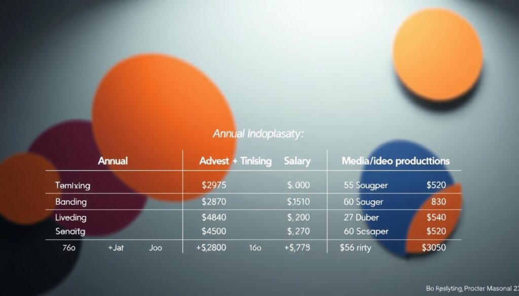 A detailed infographic showcasing the annual salary comparison across different industries - gaming, advertising, and media/video production. The foreground features a sleek, minimalist data visualization with clean lines, geometric shapes, and a bold color palette. The background depicts abstract shapes and patterns in complementary hues, creating a sense of depth and visual interest. The lighting is soft and diffused, highlighting the key information while maintaining a professional, polished aesthetic. The overall composition is balanced, with a focus on presenting the data in a clear and compelling manner to illustrate the nuances in compensation across these diverse creative fields.