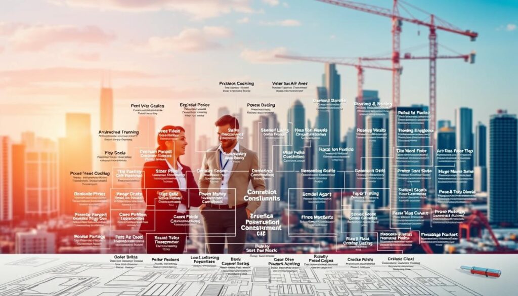 A detailed infographic showcasing the diverse professional fields and responsibilities of a construction consultant. In the foreground, an architectural blueprint unfolds, revealing the intricate web of 21 specialized domains, from urban planning and landscape design to structural engineering and project management. The middle ground features a team of consultants collaborating, their expressions conveying deep focus and expertise. The background depicts a vibrant cityscape, with towering skyscrapers and bustling construction sites, reflecting the industry's dynamic nature. The lighting is warm and inviting, emphasizing the consultants' dedication and the gravity of their work. The composition is balanced, with clean lines and a cohesive color palette to underscore the professionalism and precision inherent in the construction consultant's role.