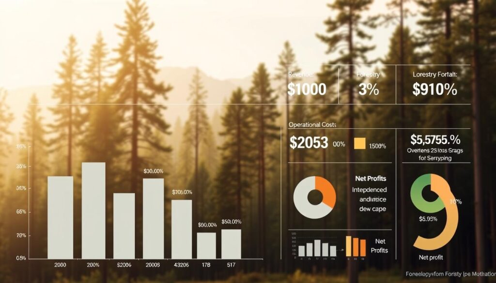 A detailed infographic showcasing the income structure of the forestry industry. In the foreground, a series of stacked bar graphs and pie charts depicting the breakdown of revenue sources, operational costs, and net profits for forestry workers. The middle ground features a forest landscape with tall, verdant trees, conveying the natural setting in which this industry operates. The background is softly lit, with warm, muted tones and gentle shadows to create a sense of depth and atmosphere. The overall composition is clean, minimalist, and data-driven, presenting the financial realities of the forestry profession in a visually compelling manner.