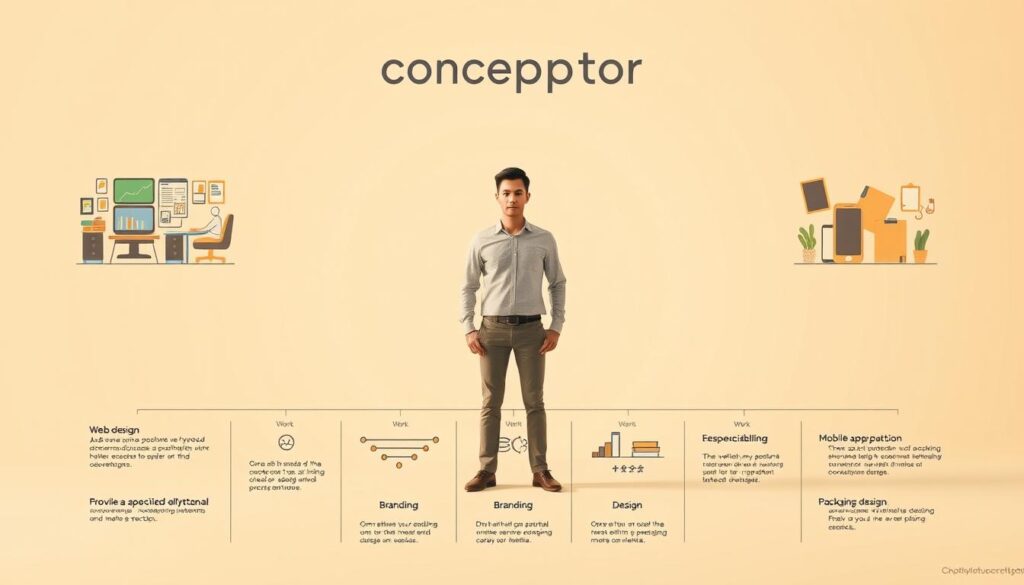 A detailed infographic showcasing the varying scope of work for a conceptor across different project types. In the foreground, a conceptor stands at the center, surrounded by distinct workspaces representing web design, mobile app development, branding, and packaging design. The middle ground features a series of neatly organized icons and graphs illustrating the unique deliverables, timelines, and responsibilities for each specialty. The background comprises a soft, muted gradient to draw focus to the central conceptor figure and the informative visual elements. The lighting is warm and evenly distributed, creating a professional, analytical atmosphere. The overall composition should convey the nuanced, multifaceted nature of a conceptor's role within diverse creative projects.