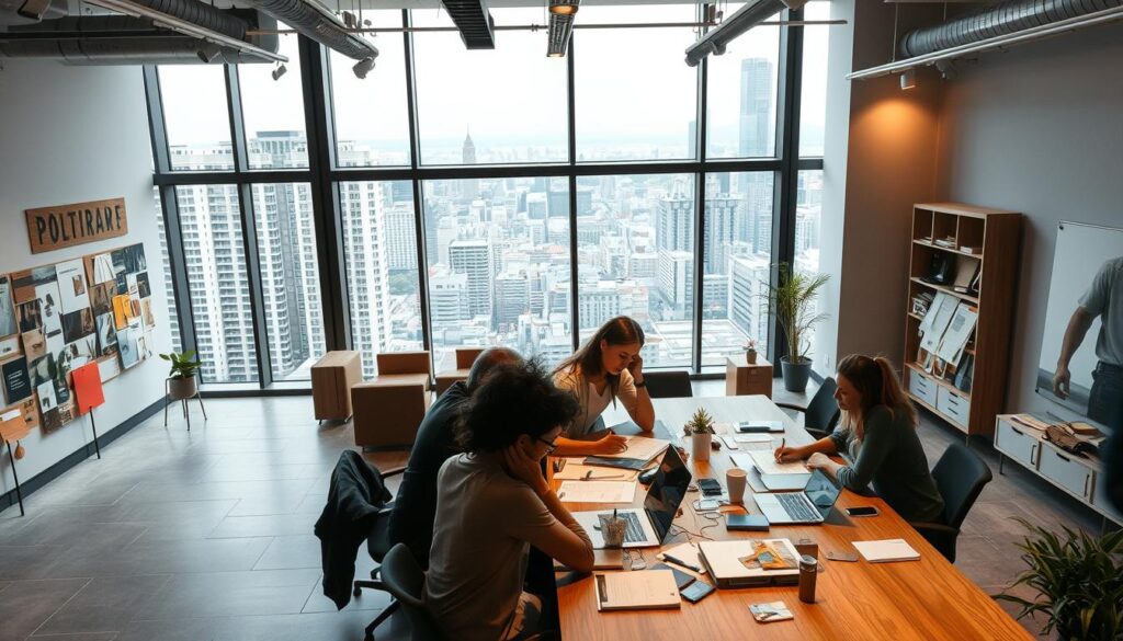 A detailed interior view of an environmental design office, showcasing the various stages of the design process. In the foreground, a team of designers collaborates around a large table, sketching concepts and reviewing 3D models on their laptops. The middle ground features a wall of inspiration boards, color palettes, and material samples. In the background, a panoramic window overlooks a bustling urban landscape, providing natural light and a connection to the outside world. The overall atmosphere is one of focused, creative energy, with a subtle interplay of modern furnishings, warm lighting, and a sense of professional dynamism.