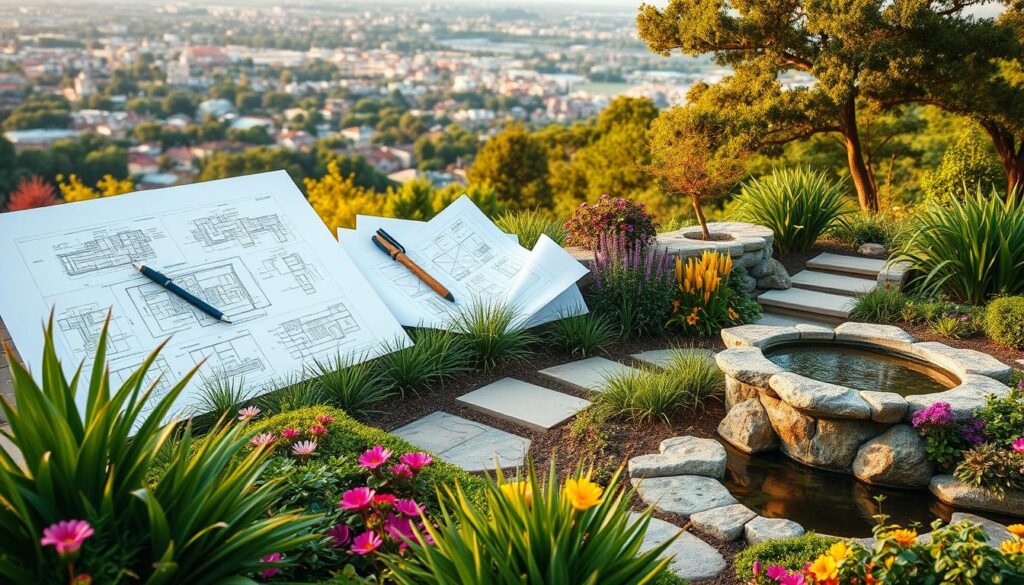 A detailed landscape showcasing the diverse skills of a skilled landscape design consultant. In the foreground, a carefully curated garden with a harmonious arrangement of lush greenery, vibrant flowers, and elegant water features. In the middle ground, architectural plans, diagrams, and tools of the trade are neatly displayed, reflecting the consultant's technical expertise. The background features a panoramic view of a thriving urban environment, hinting at the consultant's ability to seamlessly integrate natural elements into the built landscape. Warm, diffused lighting illuminates the scene, creating a serene and professional atmosphere. The composition emphasizes the consultant's comprehensive understanding of landscape design, project management, and problem-solving capabilities.