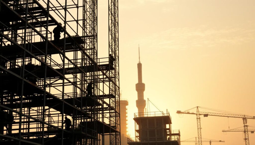 A detailed, majestic view of a construction site, showcasing the allure of the tori (scaffold) trade. In the foreground, skilled workers deftly navigate the intricate framework, their agility and precision on full display. The midground reveals the towering silhouettes of the structures they assemble, evoking a sense of power and purpose. In the background, the warm glow of the setting sun casts a soft, golden light, imbuing the scene with a tranquil, almost meditative atmosphere. The composition emphasizes the harmonious integration of human craftsmanship and architectural grandeur, capturing the essence of the tori profession's captivating appeal.