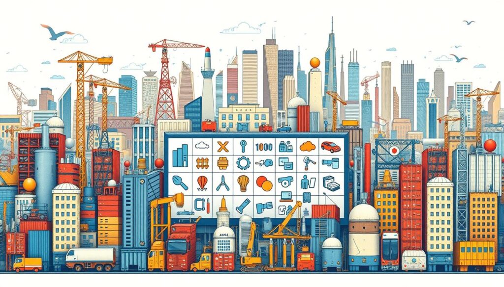 A detailed, meticulously crafted visual illustration of the distinct production characteristics of various industries. In the foreground, a series of industrial icons representing different sectors such as manufacturing, technology, entertainment, and finance, each with a unique visual style and color palette. In the middle ground, a grid-like layout showcasing the varied production workflows, tools, and techniques employed by each industry. The background features a dynamic, abstract cityscape, symbolizing the diverse and interconnected nature of the modern business landscape. The overall composition conveys a sense of balance, complexity, and the individuality that defines the output of different industries.