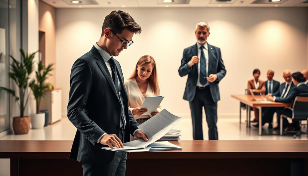 A detailed, multi-layered scene depicting the career progression of a financial planner. In the foreground, a young professional in a smart suit stands at a desk, meticulously reviewing financial documents. The middle ground showcases a mid-career planner advising a client, their expressions conveying trust and expertise. In the background, an experienced planner stands tall, presenting to a boardroom of attentive executives, their confident posture and gray-streaked hair signifying seniority. Soft, warm lighting casts a professional glow, while the clean, minimalist office space evokes a sense of success and stability. The overall atmosphere captures the evolving responsibilities and growth opportunities inherent in a financial planning career.