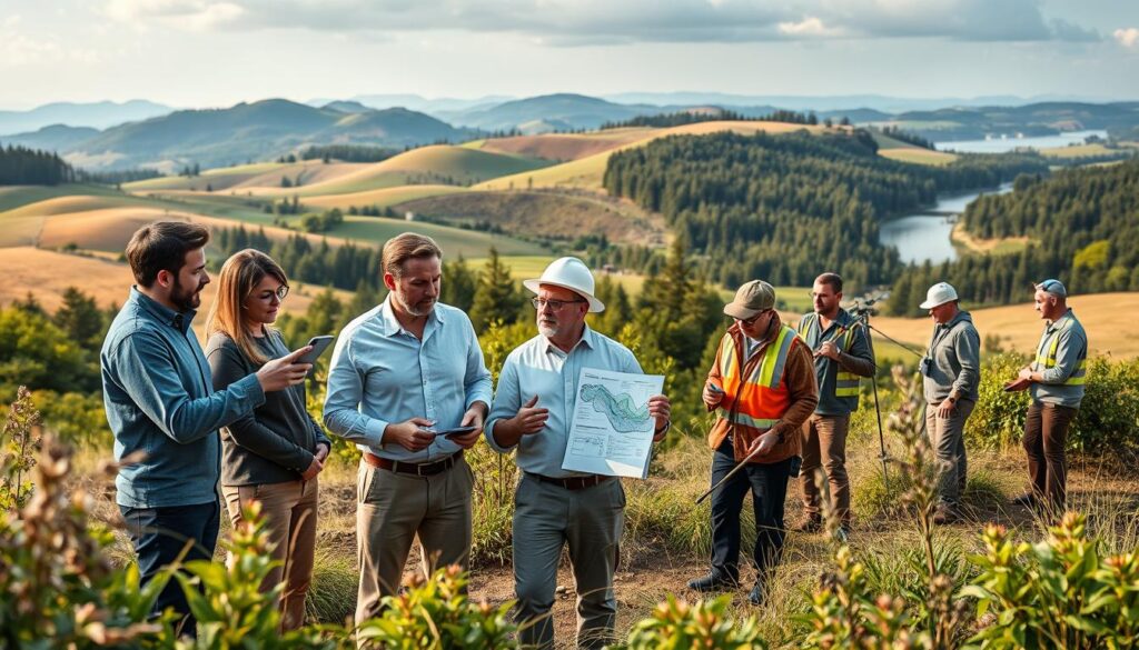 A detailed, panoramic scene depicting the diverse types of environmental consultants, showcased against a backdrop of nature. In the foreground, a group of specialized consultants - a renewable energy expert, a sustainability analyst, a pollution control engineer, and an environmental impact assessor - are engaged in discussions, gesturing towards architectural plans and data visualizations. In the middle ground, other consultants, such as a wetland ecologist, a forest management specialist, and a soil remediation specialist, are seen carrying out field research and surveys. In the background, rolling hills, lush forests, and tranquil waterways create a serene, eco-friendly atmosphere, emphasizing the varied domains in which environmental consultants operate. Soft, diffused lighting illuminates the scene, capturing the collaborative, interdisciplinary nature of the environmental consulting field.