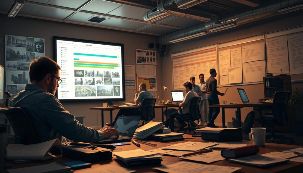 A detailed, photorealistic illustration of the game scenario development process. In the foreground, a game writer sits at a desk, intently typing on a laptop, surrounded by scattered notes and sketches. In the middle ground, a team of developers collaborates, discussing storyboards and 3D models projected on a large screen. In the background, a production timeline and Gantt chart are visible, highlighting the complex workflow. The scene is bathed in a warm, focused lighting, conveying the intensity and dedication required in crafting a compelling game narrative. The overall atmosphere is one of creative focus, with a sense of the multi-faceted, iterative nature of game scenario design.