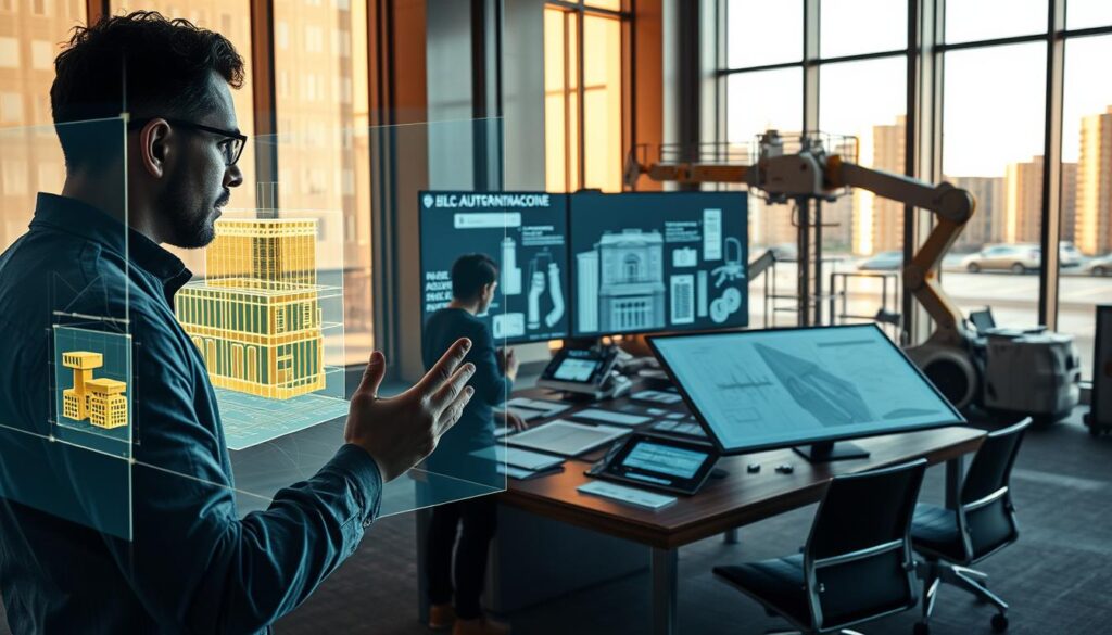 A detailed, photorealistic image of an architectural office setting, showcasing the impact of AI technology on construction consulting work. In the foreground, an engineer interacts with a holographic 3D model of a building, manipulating it with gesture controls. In the middle ground, a team collaborates around a large touchscreen display, analyzing data and simulation results. In the background, robotic drafting arms precisely sketch construction plans while an autonomous vehicle delivers supplies. Warm lighting from floor-to-ceiling windows creates a futuristic, productive atmosphere. A sense of seamless integration between human expertise and AI-powered tools permeates the scene.