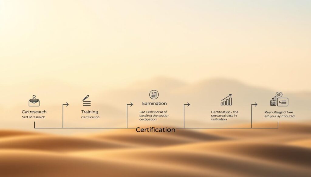 A detailed process diagram depicting the steps to attain a professional certification, set against a clean, minimalist background. The foreground showcases various milestones, such as research, training, examinations, and certification, illustrated through simple iconography and text. The middle ground features a serene, pastel-toned landscape with subtle gradients, creating a calming, focused atmosphere. The background is a softly blurred, ethereal plane, allowing the central elements to take prominence. Warm, directional lighting casts gentle shadows, adding depth and dimension to the composition. The overall aesthetic conveys a sense of accomplishment, progression, and clarity in the journey towards professional development.
