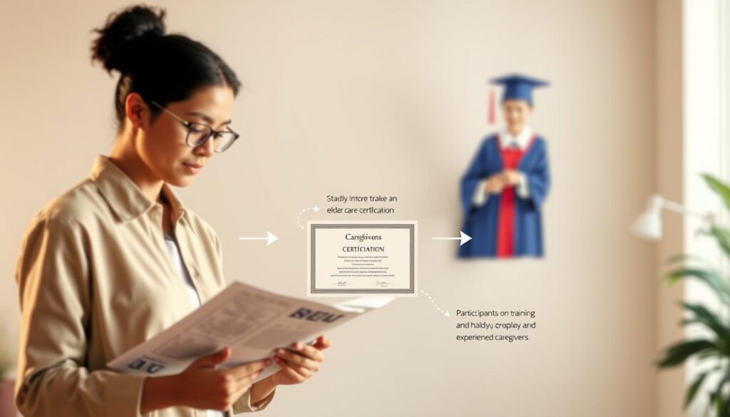 A detailed process illustration depicting the steps to acquire an elder care certification. In the foreground, a person is reviewing study materials and taking an exam. In the middle ground, the person is participating in hands-on training and shadowing experienced caregivers. In the background, a graduation ceremony and a certificate are prominently displayed, symbolizing the successful completion of the certification program. The lighting is soft and warm, creating a professional and educational atmosphere. The composition utilizes a clean, minimalist style with a focus on the key elements of the caregiving certification process.