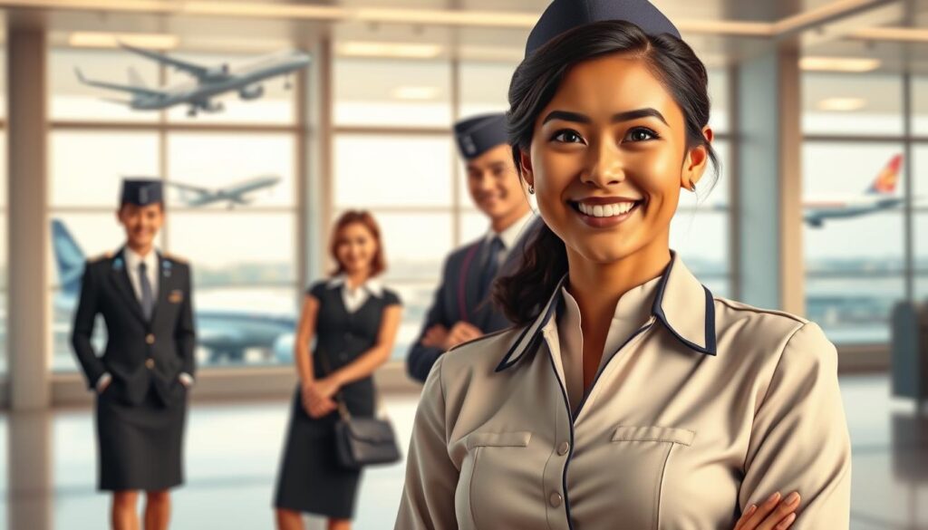 A detailed, realistic illustration of a flight attendant's career path, depicting a well-lit, high-quality scene with a cinematic angle and depth of field. Show a flight attendant in the foreground, dressed in a professional uniform, standing confidently and smiling. In the middle ground, showcase different career stages, such as a trainee flight attendant, a senior flight attendant, and a chief purser. In the background, depict a modern airport terminal with planes taking off and landing, conveying the dynamic and international nature of the profession. Ensure the overall composition and lighting create a sense of aspiration, professionalism, and the rewarding journey of a flight attendant's career.
