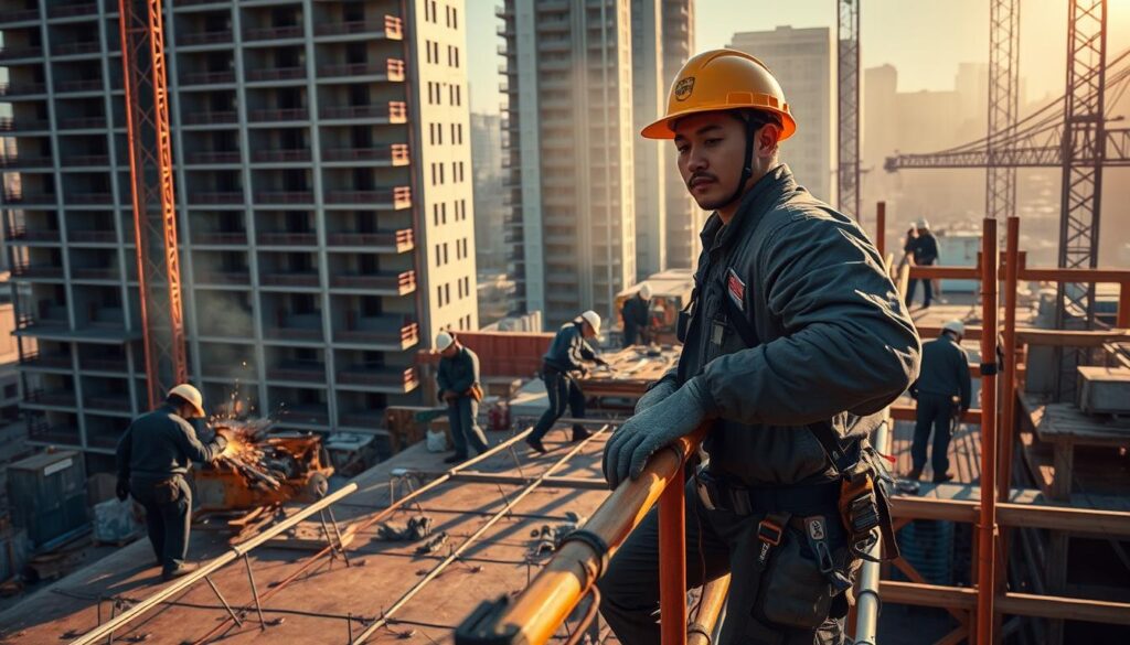 A detailed scene of a Japanese construction worker, known as a "Tobi", performing their specialized tasks at a job site. In the foreground, the Tobi is carefully navigating a precarious scaffold, wearing a hard hat and safety harness. Behind them, other workers are engaged in various construction activities - welding, operating machinery, and transporting materials. The background features a partially completed high-rise building, casting dramatic shadows under the warm, golden sunlight. The overall atmosphere conveys the skill, focus, and risk inherent in the Tobi's essential role in the construction industry.