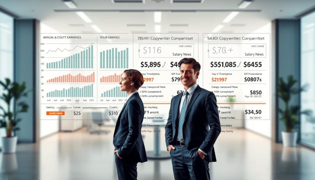 A detailed side-by-side visual comparison of the annual earnings of professional copywriters, depicted in a realistic, well-lit studio setting. The foreground shows three copywriters of different experience levels, dressed in formal office attire, standing in front of a backdrop of financial charts and infographics illustrating their respective salaries. The middle ground features a sleek, modern office environment with clean lines and muted colors, conveying a sense of professionalism. The background is softly blurred, emphasizing the key subject matter. The overall mood is one of informative clarity, inviting the viewer to closely examine the nuances of copywriter compensation.