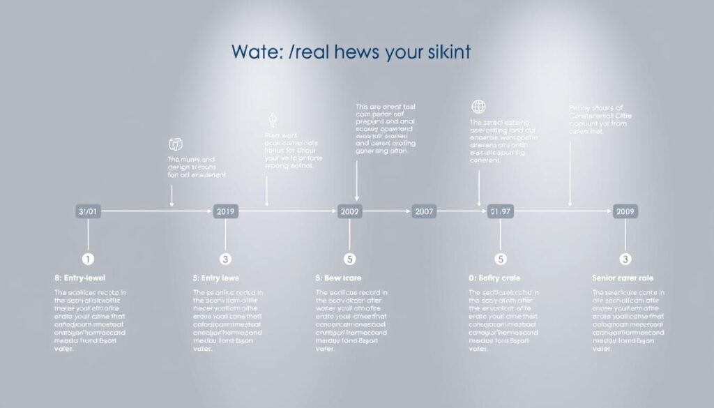 A detailed, step-by-step career path illustration for a water and sewage consultant, showcasing their progression from entry-level to senior roles. The image should depict a clean, organized visual flow, with icons, diagrams, and minimalist text to convey the various stages, responsibilities, and skill development. The overall mood should be professional, aspirational, and informative, highlighting the rewarding nature of this specialized career. Lighting should be soft and directional, with a balanced composition that draws the viewer's eye through the different elements. The perspective should be slightly elevated, giving a holistic overview of the career trajectory.
