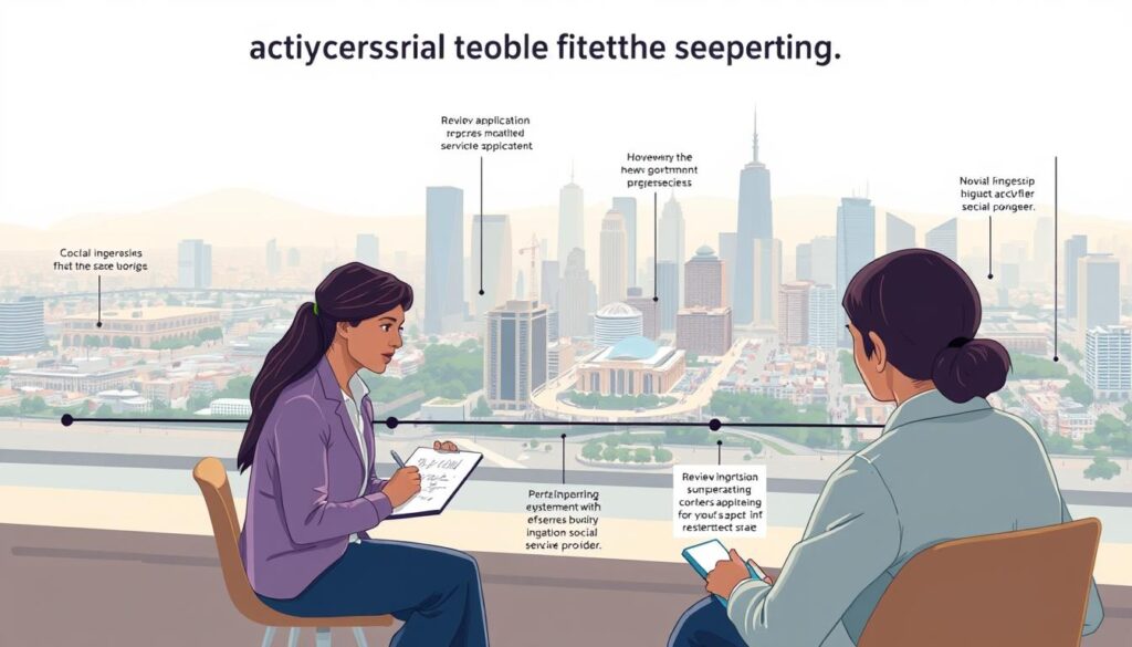 A detailed, step-by-step illustration depicting the flow of social welfare support services. In the foreground, a caseworker meeting with a client, listening intently and taking notes. The middle ground shows the caseworker navigating various bureaucratic processes, such as reviewing applications, coordinating with government agencies, and liaising with social service providers. In the background, a vibrant cityscape with skyscrapers and bustling activity, symbolizing the complex ecosystem of social welfare infrastructure. The scene is illuminated by soft, natural lighting, conveying a sense of empathy, professionalism, and institutional efficiency. The overall mood is one of thoughtful deliberation and a commitment to helping those in need.