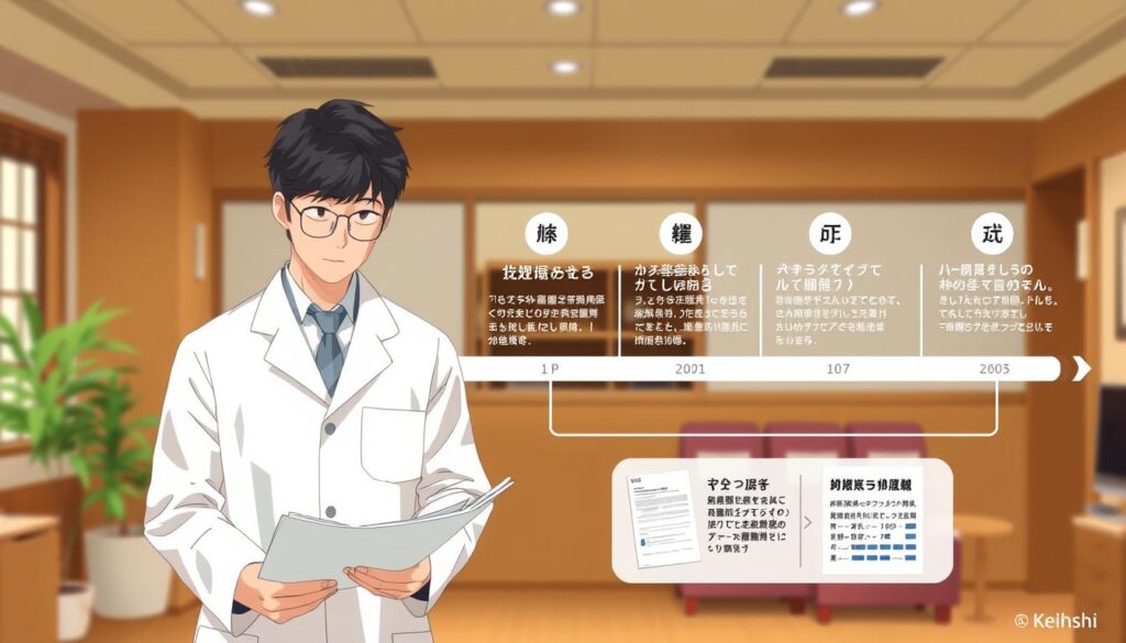 A detailed step-by-step illustration depicting the process of obtaining the "Keishōshi" (Measurement Technician) certification. The foreground showcases a professional-looking individual in a white laboratory coat, meticulously reviewing documents and files. The middle ground features a series of distinct steps, such as passing the national examination, completing the required training, and submitting the necessary paperwork. The background sets the scene in a warm, office-like environment with subtle Japanese architectural elements, conveying a sense of professionalism and attention to detail. The lighting is soft and natural, creating a calming, informative atmosphere to effectively communicate the key stages of the Keishōshi certification journey.
