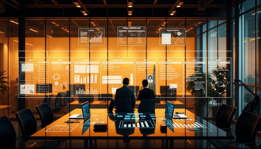 A detailed, step-by-step illustration of the full life cycle of a project, captured with a cinematic, wide-angle lens. The foreground depicts a team of business consultants collaborating at a conference table, surrounded by holographic dashboards and Gantt charts. The middle ground showcases the various phases of the project, from initial planning and research, to design and development, testing, and final implementation. The background features a modern, glass-walled office space bathed in warm, directional lighting, creating a sense of professionalism and productivity. The overall composition conveys the complexity and rigor of a consultant's work, as well as the holistic, end-to-end nature of their role in guiding a project to successful completion.