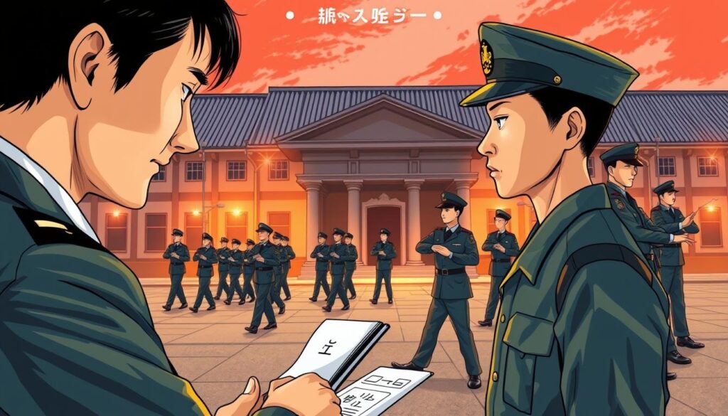 A detailed step-by-step illustration of the process of transitioning to a career in the Japanese Self-Defense Forces. In the foreground, a meticulously depicted recruiter guiding a prospective applicant through the application procedure, their expressions conveying the gravity and seriousness of the decision. In the middle ground, a group of uniformed personnel engaged in training exercises, their movements captured with a sense of disciplined dynamism. In the background, the distinctive architecture of a Self-Defense Forces base, bathed in a warm, authoritative lighting that suggests the pride and tradition of the institution. The overall scene exudes a sense of professionalism, dedication, and the transformative potential of this career path.