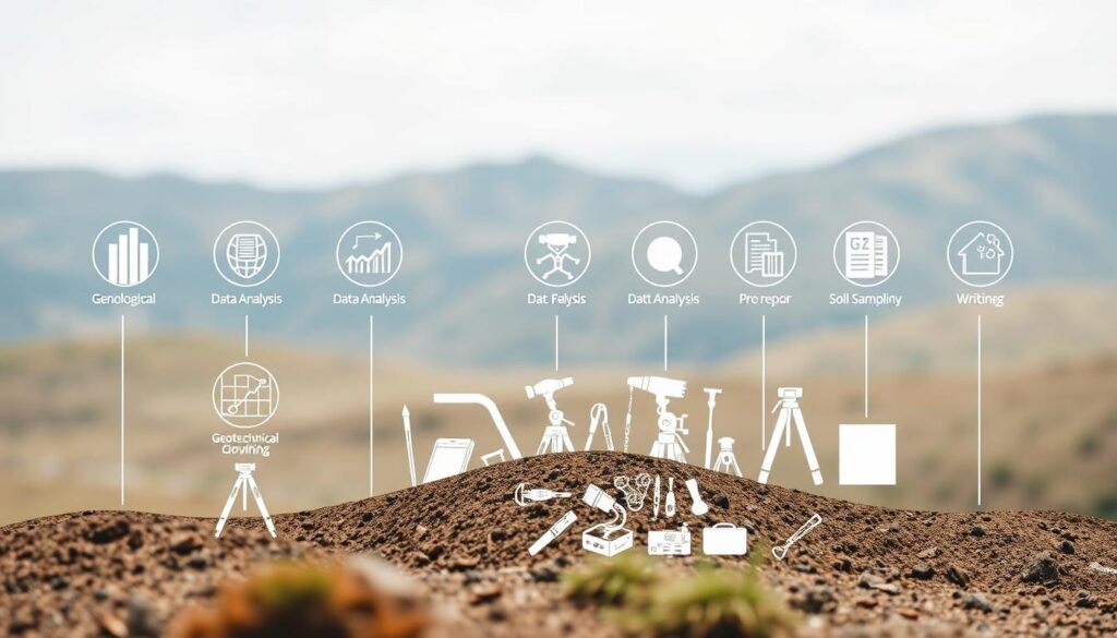 A detailed technical diagram showcasing the essential skills required for a geotechnical consultant. The image should feature a clean, minimalist style with crisp lines and a balanced composition. In the foreground, display key skill icons such as geological surveying, data analysis, project management, and technical report writing. In the middle ground, depict an array of scientific instruments and tools used in the field, such as geological hammers, soil sampling equipment, and GPS devices. In the background, include a subtle, textured landscape representing the natural environments where geotechnical consultants operate. The overall mood should convey a sense of professionalism, expertise, and the scientific rigor inherent in the geotechnical consulting profession.