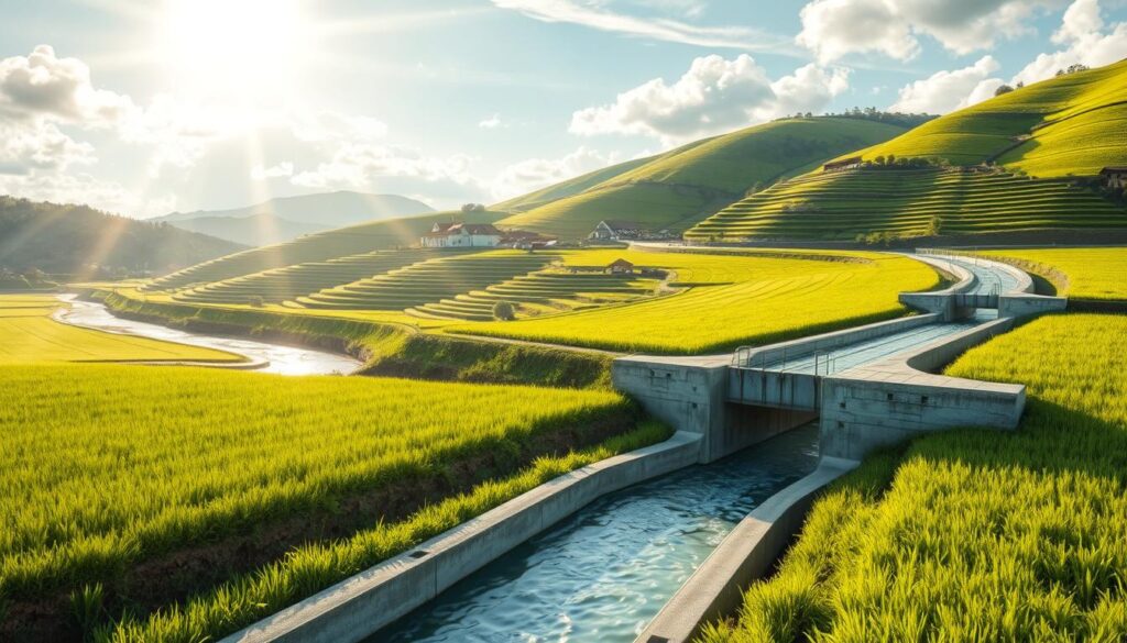 A detailed, technical illustration of an agricultural water channel design. A well-engineered irrigation canal flows through a lush, verdant landscape, its reinforced concrete banks and trapezoidal cross-section visible. Sunlight filters through wispy clouds, casting dynamic shadows across the scene. The channel winds gracefully, flanked by neatly terraced rice paddies and flourishing crops. In the background, gently rolling hills dotted with rural buildings create a picturesque, tranquil setting. The image conveys the precision and care required in agricultural civil engineering to sustainably manage water resources for optimal crop production.