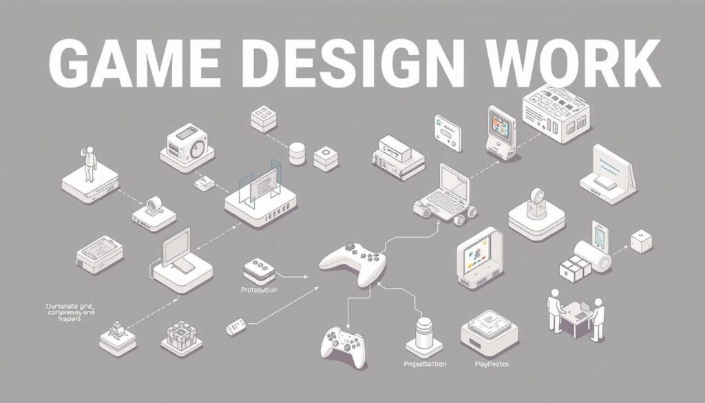 A detailed, technical illustration of the scope of game design work. Showcase various elements of game development in a clean, organized layout. In the foreground, highlight the core design processes such as conceptualization, prototyping, and playtesting. In the middle ground, depict the broader considerations like user experience, gameplay mechanics, and asset creation. In the background, include references to technical implementation, team collaboration, and project management. Use a crisp, minimalist style with a muted color palette to convey professionalism and focus. Employ an isometric perspective to provide a comprehensive overview. Maintain a balanced, symmetrical composition to reflect the structured nature of game design responsibilities.