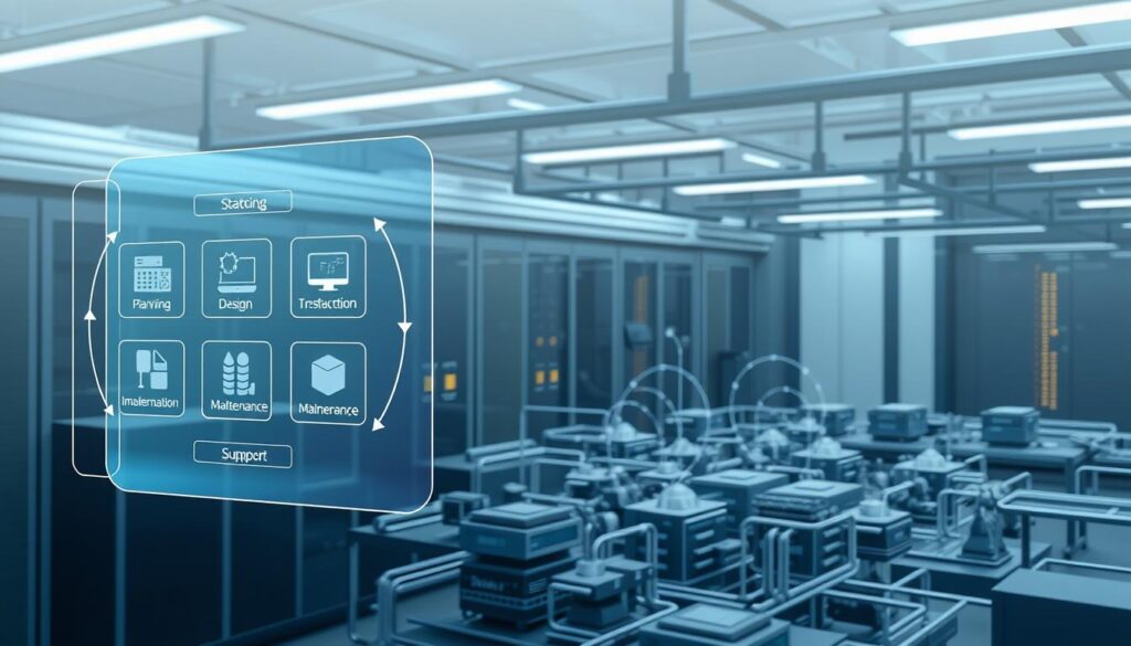 A detailed, technical illustration showcasing the system life cycle management process. In the foreground, a holographic interface displays various stages - planning, design, implementation, testing, and maintenance. In the middle ground, a complex network of interconnected systems and components is depicted, with data streams flowing between them. The background features a sleek, minimalist industrial setting with clean lines and muted tones, conveying a sense of efficiency and precision. Soft, directional lighting highlights the three-dimensional depth of the scene, creating a sense of depth and focus. The overall mood is one of organized complexity, emphasizing the importance of effective life cycle management in modern technology-driven enterprises.