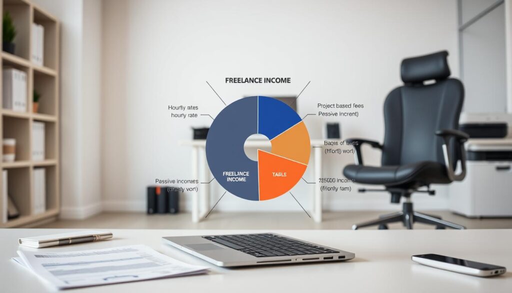 A detailed visual representation of the income structure of a freelance professional. Set in a modern, minimalist office environment with clean lines and muted tones. In the foreground, a sleek laptop and financial documents convey the administrative aspects of freelance work. The middle ground features a pie chart or infographic illustrating the breakdown of freelance income sources, such as hourly rates, project-based fees, and passive income streams. The background showcases an array of freelance-friendly devices and accessories, including a high-end ergonomic chair, a tablet for on-the-go work, and a compact printer. The overall scene exudes a sense of organization, flexibility, and the financial potential of the freelance lifestyle.