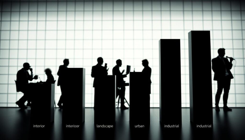 A detailed visualization of a comparative analysis of annual incomes across different designer professions. Depicted in a sleek, minimalist style, the foreground showcases a series of vertically stacked bar graphs, each representing the average earnings for various design disciplines such as interior, landscape, urban, and industrial design. The middle ground features silhouettes of designers at work, their postures and attire suggesting the diversity of the field. The background is filled with a subtle grid pattern, conveying a sense of structure and organization within the design industry. The lighting is soft and diffused, creating a professional, data-driven atmosphere. The overall composition aims to provide a clear, informative, and visually compelling representation of the comparative earnings of designers in different specializations.