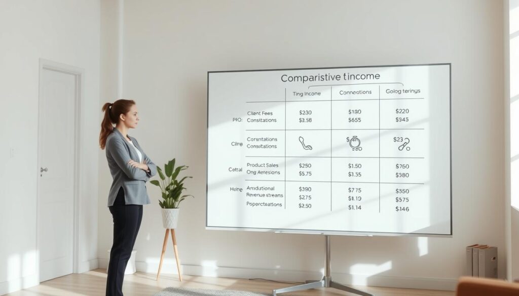 A detailed visualization of a comparative income structure, showcasing the various revenue streams and financial components that contribute to a color therapist's earnings. The scene depicts a clean, minimalist workspace with a large whiteboard or screen in the background, displaying a visually appealing infographic or chart that breaks down the different income sources, such as client fees, consultations, product sales, and any additional revenue streams. The foreground features a color therapist, dressed professionally, standing in a contemplative pose, studying the data on the screen. The lighting is soft and natural, creating a serene and thoughtful atmosphere, emphasizing the importance of understanding one's financial landscape. The angle is slightly elevated, providing a comprehensive view of the workspace and the comparative income structure displayed.