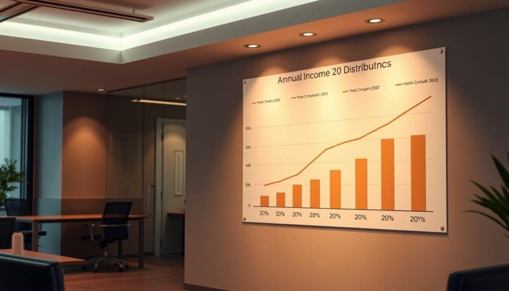 A detailed visualization of the annual income distribution of career consultants, showcased in a sleek, minimalist style. The scene depicts a modern office setting, with a large infographic chart prominently displayed on the wall, visualizing the various income brackets and their respective percentages. The chart is illuminated by warm, focused lighting, drawing the viewer's attention. The background is slightly blurred, maintaining the focus on the key information. The overall atmosphere is professional, data-driven, and tailored to the needs of the article's target audience.