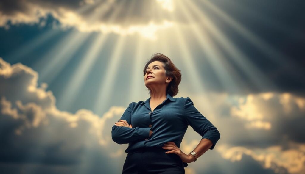 A determined 50-year-old woman stands resolute, facing the looming "age wall" that obstructs her path to a new career. Rays of light pierce through the clouds, illuminating her steely gaze and strong posture, conveying her unwavering spirit. The background blurs, placing the focus on her perseverance as she prepares to surmount the perceived limitations of her age. Captured with a cinematic, dramatic lighting setup and a shallow depth of field, this image embodies the resilience and determination of a midlife professional seeking to redefine her path.