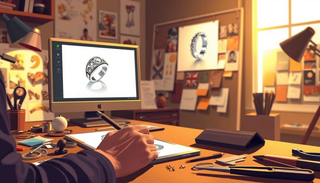 A digital illustration showcasing the intricate design process of a jewelry designer. In the foreground, a skilled artisan sketches delicate jewelry designs on a tablet, surrounded by various tools and materials such as gems, metal wire, and pliers. The middle ground features a 3D model of a ring design rotating on a screen, highlighting the designer's use of CAD software. In the background, a mood board displays inspirational images, color palettes, and material samples, reflecting the research and ideation phase. Warm lighting casts a soft glow, creating a focused and contemplative atmosphere, conveying the meticulous attention to detail and creativity inherent in the jewelry design profession.