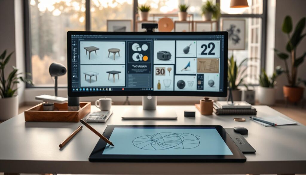 A digital workspace with a collection of intuitive design tools arranged neatly on a sleek, minimalist desk. Soft, natural lighting filters through large windows, casting a warm glow on the high-resolution digital sketches and 3D models displayed on the computer screen. In the foreground, a stylus hovers over a graphics tablet, ready to bring the artist's visions to life. The middle ground features a tidy workspace with organizational trays, reference materials, and inspirational mood boards. The background showcases a serene, uncluttered environment with potted plants and modern decor, creating a calming and focused atmosphere for the creative process.