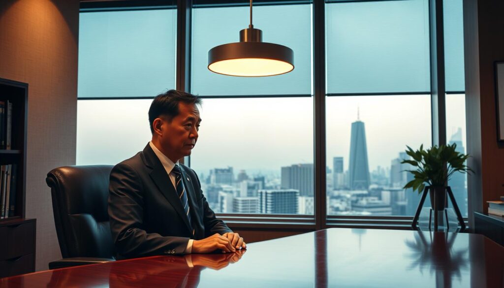 A dignified Japanese man in a tailored suit sits at a polished mahogany desk, deep in thought. Overhead, a sleek, modern lighting fixture casts a warm glow, illuminating the steel-framed windows that offer a sweeping view of the Tokyo skyline. The room is adorned with subtle, minimalist decor, reflecting the disciplined and professional nature of the office of the Nippon Professional Baseball Commissioner. The atmosphere exudes a sense of quiet authority and responsibility, hinting at the complexities and challenges that come with overseeing the nation's beloved national pastime.