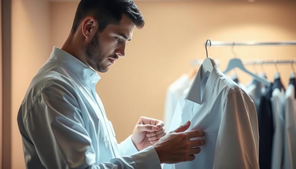 A diligent and detail-oriented individual, dressed in a crisp white uniform, meticulously inspecting a piece of clothing with a keen eye. Soft, diffused lighting illuminates the scene, casting a warm, professional atmosphere. The background is blurred, keeping the focus on the cleaning specialist's skilled hands and intense concentration. The image conveys the ideal attributes of a cleaning professional - attentiveness, precision, and a commitment to providing excellent service.