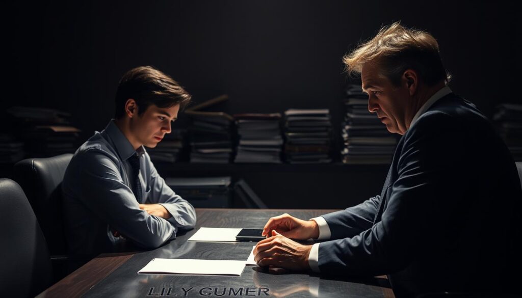 A dim, dreary office setting. The candidate, shoulders slumped, sits across from a stern-faced interviewer, their body language exuding discomfort. The lighting casts long shadows, creating an oppressive atmosphere. In the background, a cluttered desk and towering stacks of files suggest a demanding, high-pressure environment. The candidate's expression conveys a sense of defeat, their eyes downcast, as they fumble for the right words, missing the mark on the interviewer's probing questions. The overall scene captures the tension and anxiety of a failed final interview, a cautionary tale of what not to do.