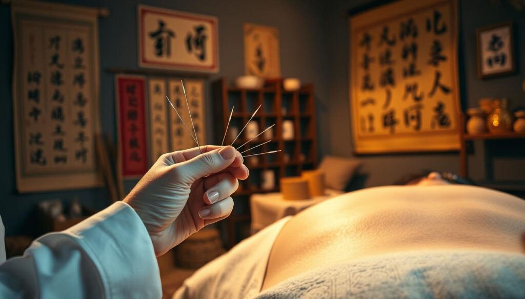 A dimly lit acupuncture studio, the walls adorned with traditional Chinese medicinal scrolls and calligraphy. In the foreground, an acupuncturist's skilled hands hold fine needles, poised to precisely target pressure points on a patient's body, radiating a sense of calm and healing. The middle ground showcases various acupuncture tools, including moxa sticks, cupping sets, and a wooden acupuncture table. The background is softly blurred, hinting at the tranquil atmosphere essential for the practice of traditional Chinese medicine. Warm, natural lighting casts a serene glow, emphasizing the acupuncturist's focused concentration and the patient's state of relaxation. This image captures the core skills and expertise required for the holistic practice of acupuncture.