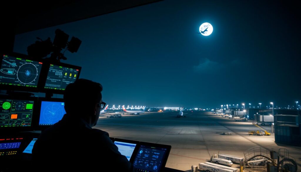 A dimly lit airport control tower, with panels of screens and instruments glowing softly. In the foreground, a focused air traffic controller examines radar screens, meticulously monitoring aircraft positions. The mid-ground reveals a bustling tarmac, with ground crew guiding planes to their gates under the watchful eye of the tower. The background showcases the night sky, with a full moon casting a serene, blue-hued glow over the entire scene, emphasizing the importance of aviation safety. The atmosphere is one of quiet professionalism and heightened vigilance, conveying the critical role dispatchers play in ensuring the safe and efficient operation of air travel.