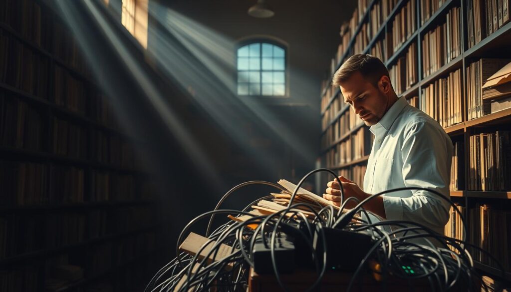 A dimly lit archive room, shelves of dusty books and files lining the walls. An archivist in a crisp white shirt, meticulously organizing documents, a look of deep concentration on their face. Beams of soft, warm light filter in through high windows, casting long shadows across the floor. The air is thick with the scent of aged paper. In the foreground, a tangled mess of cables and outdated technology serves as a stark contrast to the archivist's careful work, symbolizing the challenges of preserving digital records. The scene conveys the weight of preserving cultural heritage, the archivist's dedication, and the ever-evolving obstacles they face in the digital age.