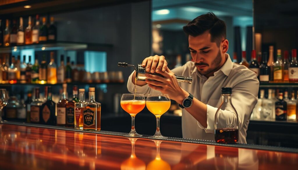 A dimly lit bar counter, the surface gleaming with freshly polished wood. Behind it, a bartender in a crisp white shirt skillfully mixes a variety of vibrant liquids, creating a mesmerizing display of color and motion. Bottles of premium spirits line the shelves, casting a warm glow across the scene. The bartender's face is focused, brows furrowed in concentration, as they pour, stir, and shake the ingredients with practiced ease. The air is filled with the aroma of citrus, spices, and the faint scent of oak. In the background, a mirrored wall reflects the bartender's movements, adding depth and visual interest to the composition. The overall atmosphere is one of creativity, precision, and the sheer joy of crafting the perfect cocktail.