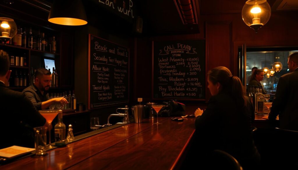A dimly lit bar in the late hours of the night, the air thick with the scent of freshly poured cocktails and the soft murmur of conversation. Behind the well-worn wooden counter, a skilled bartender moves with practiced precision, mixing drinks and engaging with patrons as the clock ticks past midnight. The bar's schedule is written in chalk on a vintage chalkboard, detailing the flow of the evening - from the early-evening happy hour to the late-night last call. The lighting is a warm, amber glow, casting a cozy atmosphere over the scene. Shadows dance across the walls, hinting at the stories and secrets that unfold within this after-hours sanctuary.