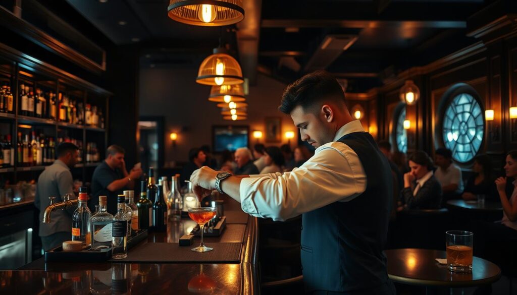 A dimly lit bar interior, with a polished wooden counter and an array of gleaming bottles behind it. In the foreground, a skilled bartender, dressed in a crisp white shirt and a black vest, carefully mixes a cocktail, his movements precise and graceful. The bar is populated with a diverse group of patrons, some engaged in lively conversation, others sipping their drinks contemplatively. Soft jazz music plays in the background, creating a warm, inviting atmosphere. The lighting is a mix of soft, ambient lighting and occasional pool of light from vintage-inspired pendant lamps, casting a mellow glow over the scene. The overall mood is one of sophistication, professionalism, and the art of bartending.