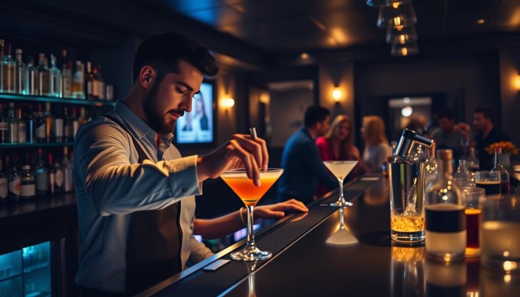 A dimly lit bar scene, with a skilled bartender pouring a cocktail behind the counter. The bartender's hands move with precision, their face reflecting a sense of expertise and passion for their craft. The bar is stocked with an array of premium liquors, complemented by a sleek, modern design. The lighting casts a warm, inviting glow, creating an atmosphere of sophistication and potential. In the background, a group of patrons engage in lively conversation, hinting at the social and interpersonal aspects of the bartender's role. The image conveys the bartender's future career prospects, highlighting their ability to create memorable experiences, master complex cocktail recipes, and thrive in a dynamic, ever-evolving industry.
